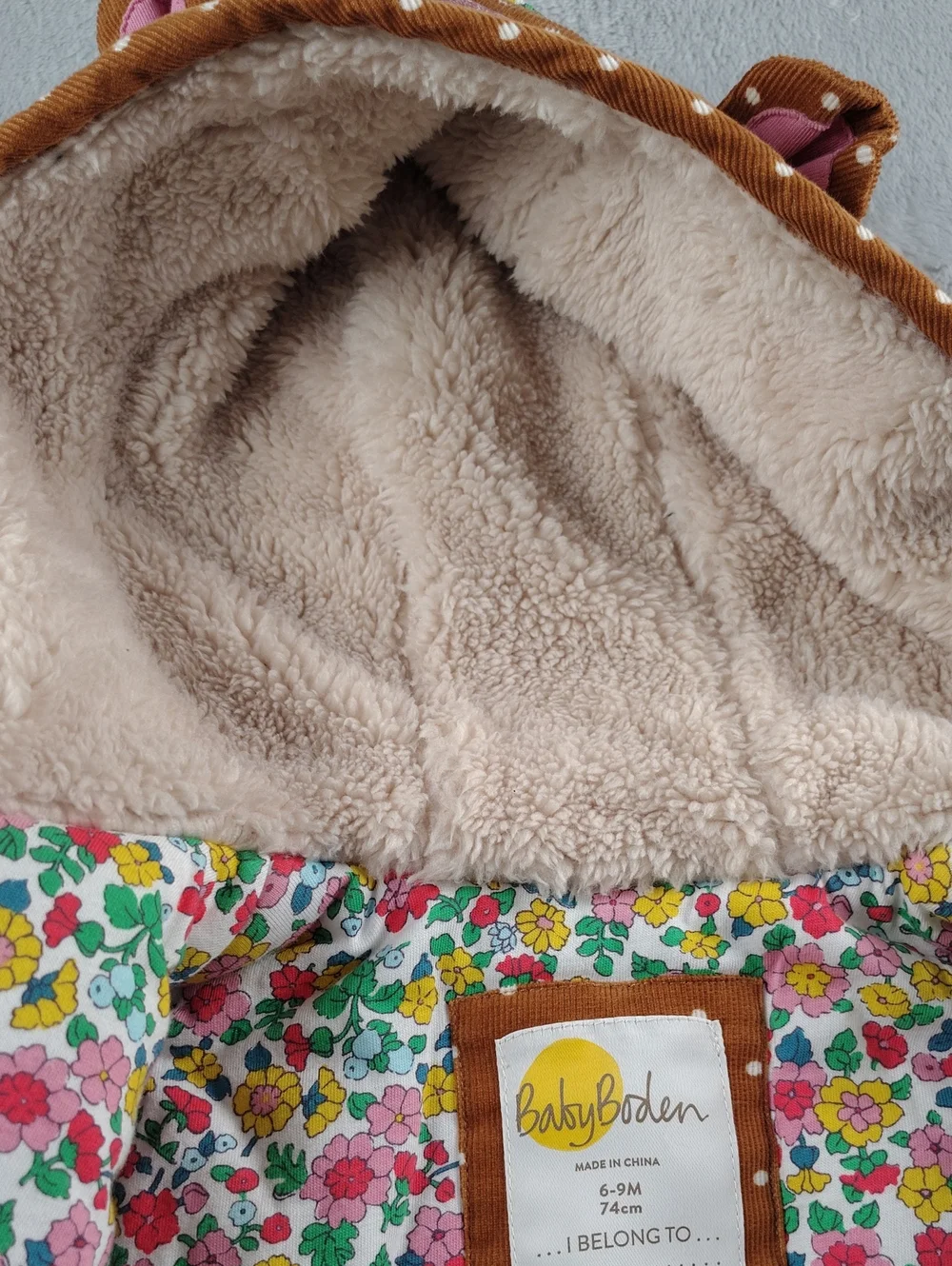 Baby Boden Brown Corduroy Hedgehog Jacket with White Polka Dots Size 6-9 Months